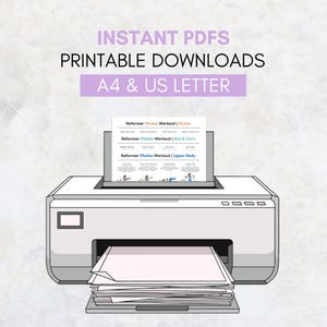 Puede incluir: Una impresora imprime un documento con el texto "Reformer Pilates Workout" y "A4 & US LETTER". El documento incluye instrucciones de entrenamiento para gl&uacute;teos, abdominales y core, y la parte superior del cuerpo. La imagen tambi&eacute;n incluye el texto "INSTANT PDFS" y "PRINTABLE DOWNLOADS".