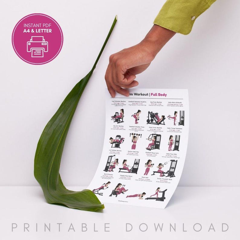 May include: A white printable workout chart with illustrations of exercises, held by a hand. The chart includes the text "Arm Workout | Full Body" and "Printable Download". A pink circle with a printer icon and the text "Instant PDF A4 & Letter" is in the upper left.