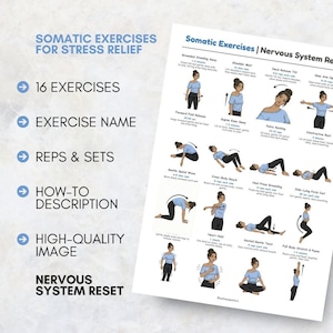 Pu&ograve; includere: Un poster bianco con esercizi somatici per alleviare lo stress e ripristinare il sistema nervoso. Presenta 16 esercizi con illustrazioni e istruzioni. Ideale per la gestione dello stress e il benessere.