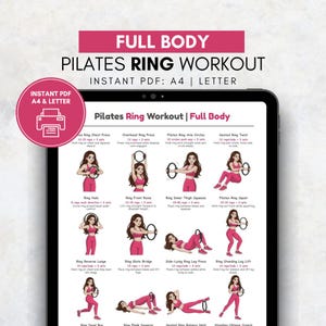 Póster imprimible de entrenamiento de cuerpo completo con anillas de Pilates / Tabla de ejercicios de círculo mágico en PDF / Arte mural con equipo de Pilates / Decoración de estudio para el hogar de mujeres