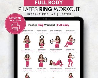 Afdrukbare poster Pilatesring-training voor het hele lichaam | Oefenschema magische cirkel pdf | Muurkunst pilatesuitrusting | Woonstudiodecoratie voor dames