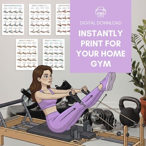 Puede incluir: Ilustraci&oacute;n de una mujer con ropa de entrenamiento morada usando una m&aacute;quina de reformer Pilates. La imagen incluye carteles de entrenamiento y el texto "DESCARGA DIGITAL IMPRIME AL INSTANTE PARA TU GIMNASIO EN CASA".
