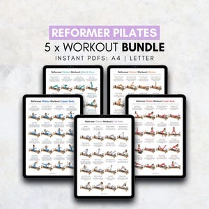Peut inclure: Un ensemble de cinq guides d'entraînement numériques affichés sur des tablettes noires. Les guides sont intitulés "Reformer Pilates Workout" et couvrent les exercices pour les abdominaux et le tronc, les fessiers, le haut du corps, le corps entier et le bas du corps.
