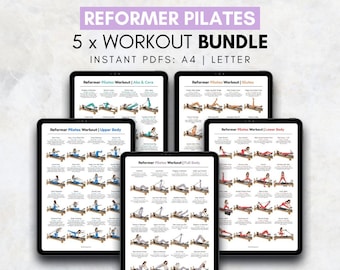 リフォーマーピラティスワークアウトバンドル（印刷可能なPDF） | ピラティスリフォーマーエクササイズチャート | ホームスタジオピラティスルーティンガイド | 女性向けホームワークアウト