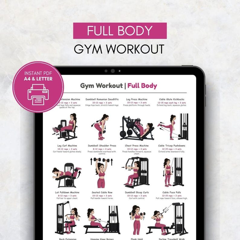 May include: A digital workout guide displayed on a tablet. The guide is titled "Full Body Gym Workout" and includes illustrations of various exercises, such as leg presses, dumbbell rows, and cable tricep pushdowns. The guide is available as an instant PDF in A4 and Letter sizes.
