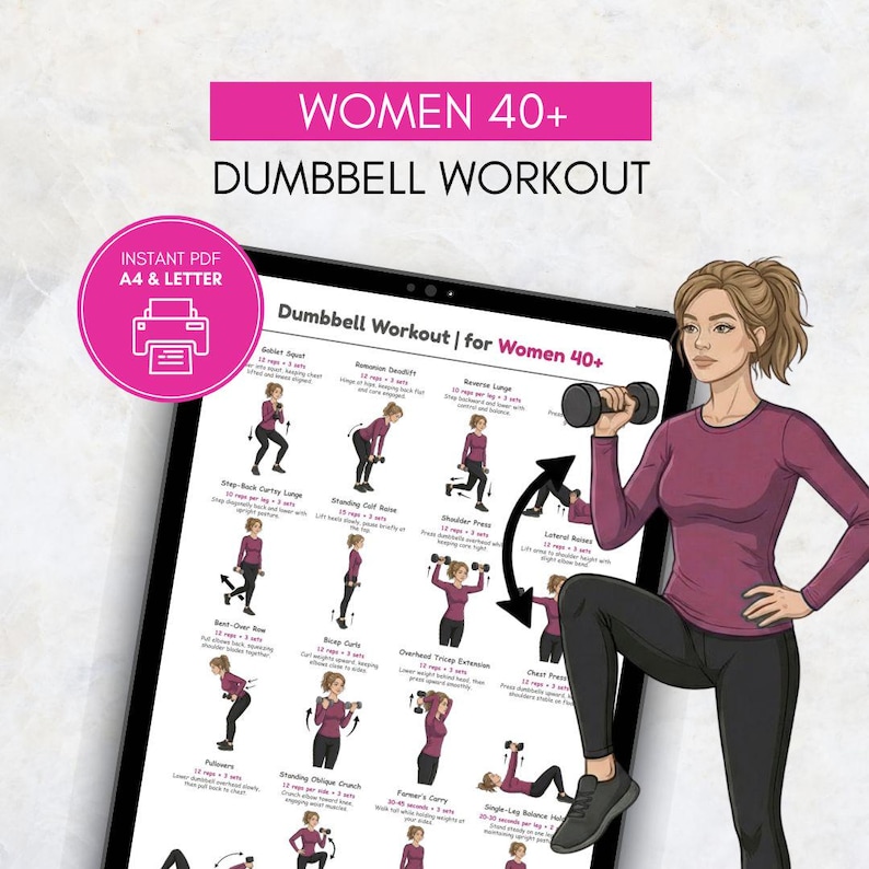 May include: A digital workout guide for women 40+ with dumbbell exercises. The guide is displayed on a tablet, with illustrations of each exercise. The image includes the text "WOMEN 40+ DUMBBELL WORKOUT" and "INSTANT PDF A4 & LETTER".