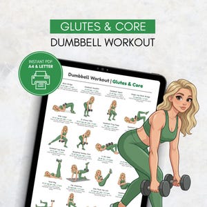 May include: A digital workout guide titled "Glutes & Core Dumbbell Workout" displayed on a tablet. The guide features illustrations of exercises with dumbbells. A green circle with the text "Instant PDF A4 & Letter" is in the upper left corner. A woman in green workout attire is holding dumbbells.