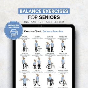 Pode incluir: Um tablet digital exibe um gráfico de exercícios intitulado "Balance Exercises for Seniors". O gráfico inclui ilustrações e instruções para vários exercícios de equilíbrio. O tablet também mostra "Instant PDF A4 & Letter".