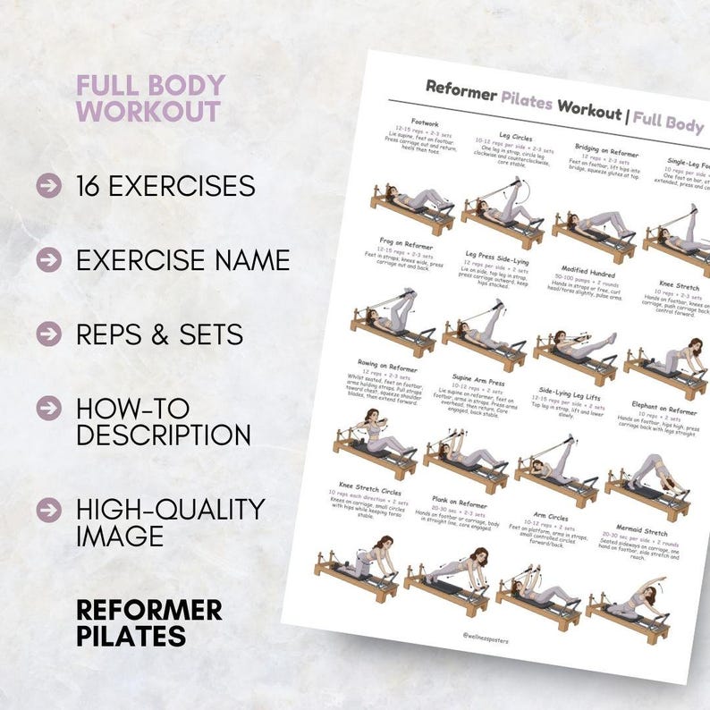 Reformer Pilates Full Body Workout Printable PDF | Pilates Reformer Exercise Chart | Home Studio Pilates Routine Guide | Womens Home Workout image 3