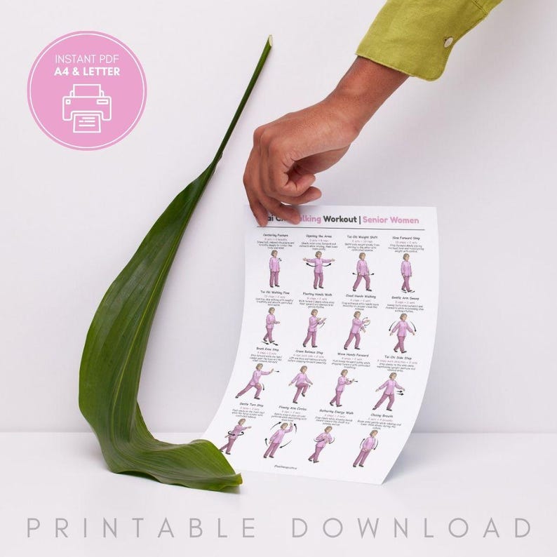 Puede incluir: Una gu&iacute;a de ejercicios de caminata en PDF imprimible para mujeres mayores, con ejercicios ilustrados. La gu&iacute;a est&aacute; sostenida por una mano, con una gran hoja verde y un c&iacute;rculo rosa con el texto "Instant PDF A4 & Letter" y un icono de impresora. El texto "Printable Download" est&aacute; abajo.