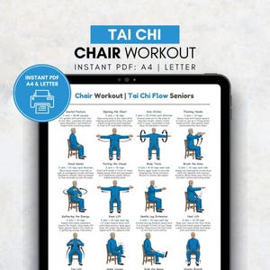 May include: A digital PDF printout displayed on a tablet screen, featuring a Tai Chi chair workout guide. The blue and white graphic includes exercise illustrations and instructions for seniors. The text reads "Tai Chi Chair Workout."