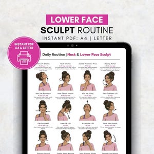Peut inclure: Une tablette numérique affiche un guide "Lower Face Sculpt Routine". Le texte rose et blanc indique "Instant PDF: A4 | Letter". Le guide comprend des illustrations et des instructions pour les exercices du cou et du bas du visage.