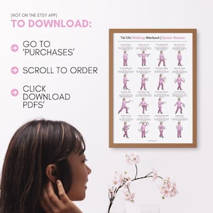 Puede incluir: Una impresi&oacute;n enmarcada titulada "Tai Chi Walking Workout | Senior Women" con ilustraciones de ejercicios de Tai Chi. La impresi&oacute;n est&aacute; en un marco marr&oacute;n. El texto encima de la imagen dice "TO DOWNLOAD: GO TO 'PURCHASES', SCROLL TO ORDER, CLICK DOWNLOAD PDFS'.