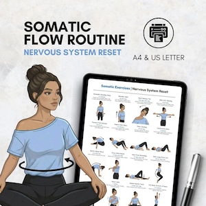 Pu&ograve; includere: Illustrazione di una donna con una maglietta azzurra e pantaloni neri, con il testo "SOMATIC FLOW ROUTINE NERVOUS SYSTEM RESET" in alto. Un tablet mostra le istruzioni per gli esercizi. Una penna &egrave; in basso a destra.