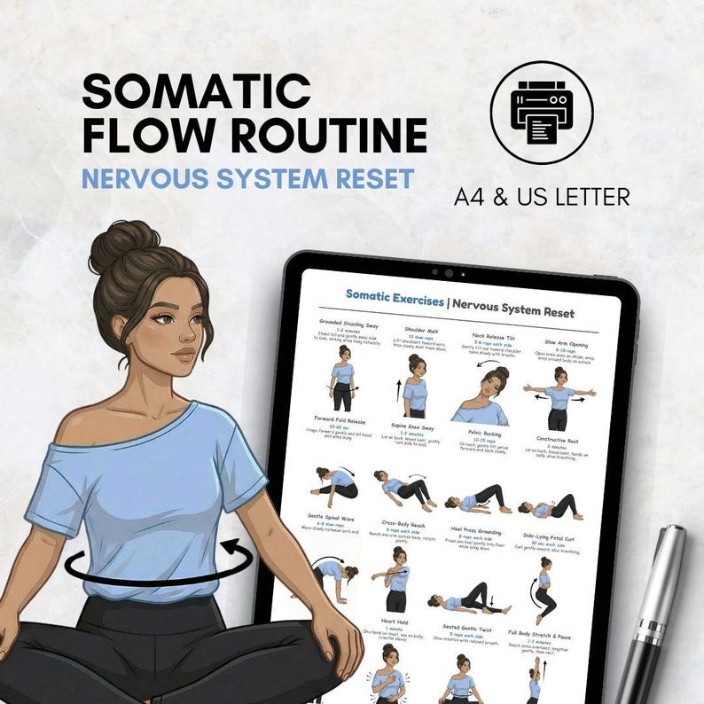 Pu&ograve; includere: Illustrazione di una donna con una maglietta azzurra e pantaloni neri, con il testo "SOMATIC FLOW ROUTINE NERVOUS SYSTEM RESET" in alto. Un tablet mostra le istruzioni per gli esercizi. Una penna &egrave; in basso a destra.