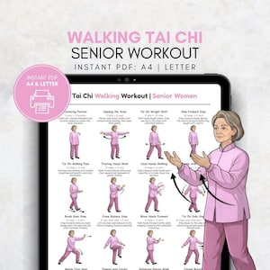 Puede incluir: Una gu&iacute;a de ejercicios en PDF digital para mujeres mayores, con ilustraciones de ejercicios de marcha Tai Chi. La gu&iacute;a incluye instrucciones para varios pasos, con el texto "Walking Tai Chi Senior Workout".