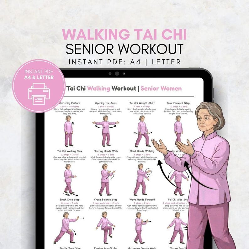 Puede incluir: Una gu&iacute;a de ejercicios en PDF digital para mujeres mayores, con ilustraciones de ejercicios de marcha Tai Chi. La gu&iacute;a incluye instrucciones para varios pasos, con el texto "Walking Tai Chi Senior Workout".