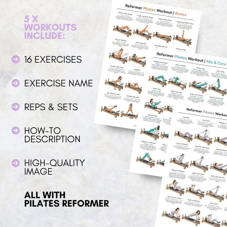 Puede incluir: Dos hojas blancas con instrucciones de entrenamiento de Pilates reformer. Las hojas incluyen 16 ejercicios, nombres de ejercicios, repeticiones y series, descripciones e im&aacute;genes de alta calidad. El texto en las hojas dice: "5X WORKOUTS INCLUDE: ALL WITH PILATES REFORMER."