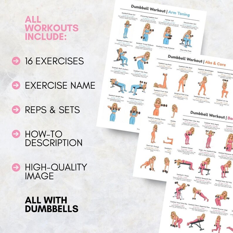 May include: Two white printed workout sheets with illustrations of exercises using dumbbells. The sheets include text that reads "ALL WORKOUTS INCLUDE: 16 EXERCISES, EXERCISE NAME, REPS & SETS, HOW-TO DESCRIPTION, HIGH-QUALITY IMAGE, ALL WITH DUMBBELLS."