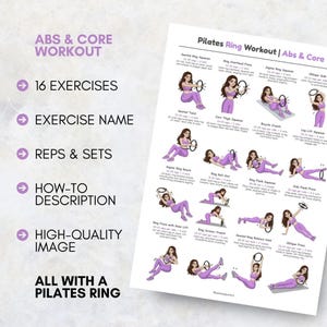 Op de afbeelding: Een poster met Pilates ring workout met 16 oefeningen voor buikspieren en core. De poster bevat oefennamen, herhalingen en sets, en beschrijvingen. De illustraties tonen vrouwen die oefeningen uitvoeren met een Pilates ring.