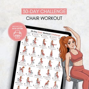 Puede incluir: Una gu&iacute;a de ejercicios digital titulada "30-Day Chair Workout" en una tableta. La gu&iacute;a presenta ejercicios ilustrados y el texto "30-Day Challenge Chair Workout". Una mujer con ropa de entrenamiento roja se muestra junto a la tableta.