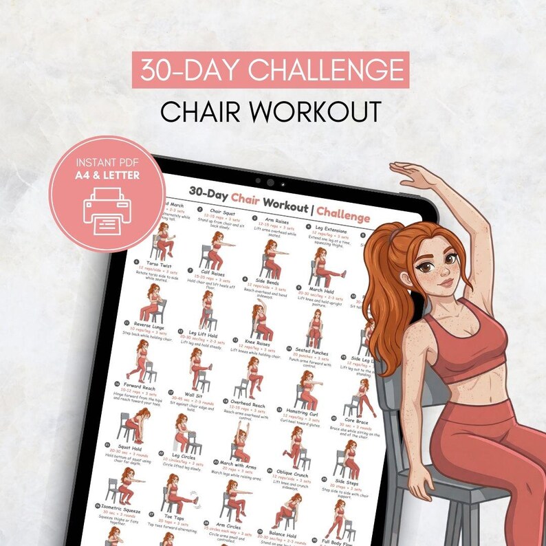Puede incluir: Una gu&iacute;a de ejercicios digital titulada "30-Day Chair Workout" en una tableta. La gu&iacute;a presenta ejercicios ilustrados y el texto "30-Day Challenge Chair Workout". Una mujer con ropa de entrenamiento roja se muestra junto a la tableta.
