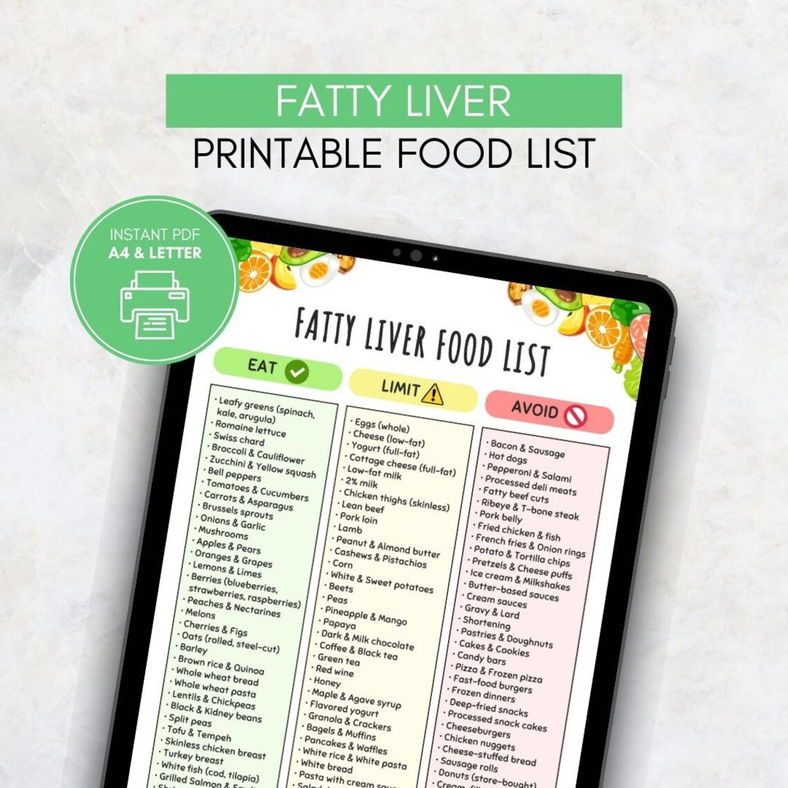 Fatty Liver Food List Printable, Low Fat Low Sugar Grocery List for ...