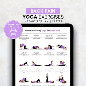 Op de afbeelding: Een tablet toont een yogagids voor rugpijn, met illustraties van poses zoals Cat-Cow en Child's Pose. De gids is gelabeld "BACK PAIN YOGA EXERCISES" en biedt een directe PDF-download.