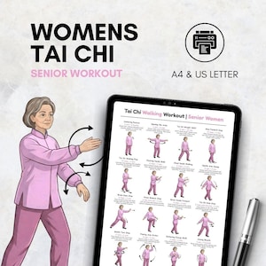Puede incluir: Una tableta digital muestra un entrenamiento de marcha de Tai Chi para mujeres mayores. Una mujer con ropa deportiva rosa demuestra posturas de Tai Chi junto a la tableta. El texto "WOMENS TAI CHI SENIOR WORKOUT" est&aacute; en la parte superior.