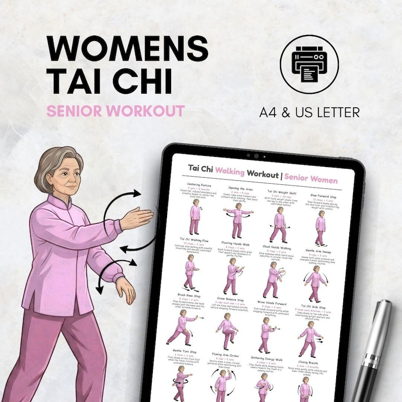 Puede incluir: Una tableta digital muestra un entrenamiento de marcha de Tai Chi para mujeres mayores. Una mujer con ropa deportiva rosa demuestra posturas de Tai Chi junto a la tableta. El texto "WOMENS TAI CHI SENIOR WORKOUT" est&aacute; en la parte superior.