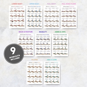 Puede incluir: Se muestran nueve carteles de ejercicios de Pilates, cada uno enfocado en un &aacute;rea diferente: Parte inferior del cuerpo, Parte superior del cuerpo, Cuerpo completo, Flujo de cuerpo completo, Espalda y postura, Movilidad, Brazos y caderas, Gl&uacute;teos y Abdominales y n&uacute;cleo. Un gr&aacute;fico circular indica "9 ENTRENAMIENTOS INCLUIDOS".