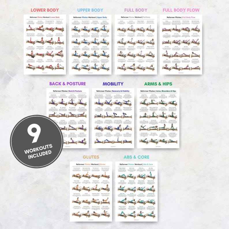 Puede incluir: Se muestran nueve carteles de ejercicios de Pilates, cada uno enfocado en un &aacute;rea diferente: Parte inferior del cuerpo, Parte superior del cuerpo, Cuerpo completo, Flujo de cuerpo completo, Espalda y postura, Movilidad, Brazos y caderas, Gl&uacute;teos y Abdominales y n&uacute;cleo. Un gr&aacute;fico circular indica "9 ENTRENAMIENTOS INCLUIDOS".