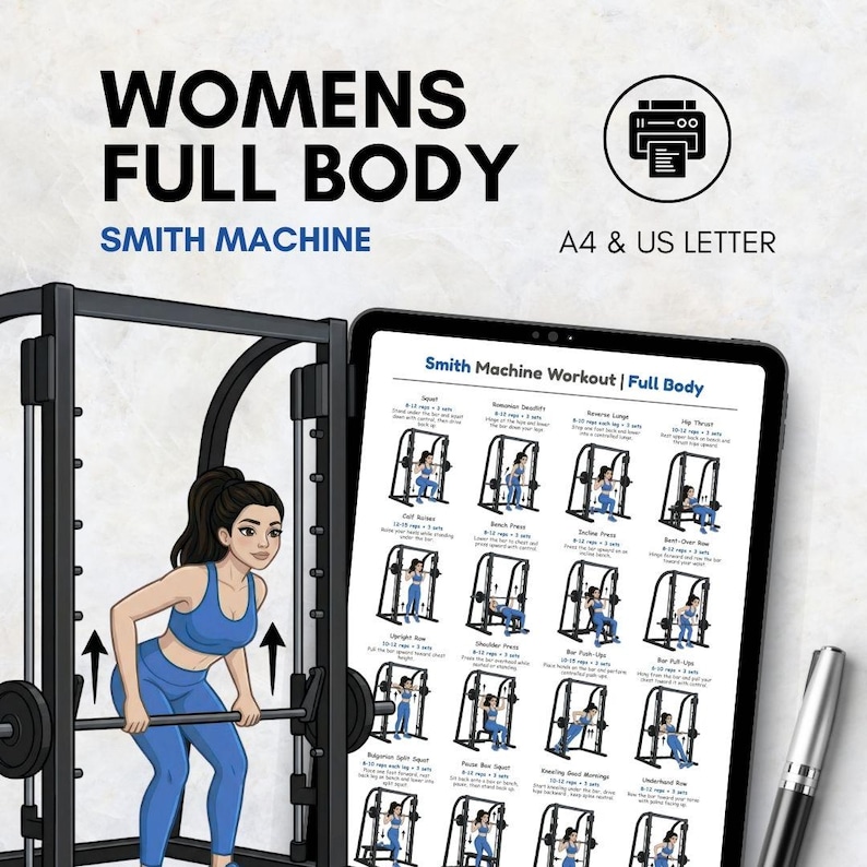May include: An illustration of a woman using a Smith machine for a full-body workout. The image includes a tablet displaying a workout plan and the text "WOMENS FULL BODY SMITH MACHINE". The workout plan is for A4 & US Letter.