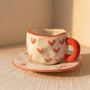 Juego de taza y platillo de cerámica con forma de corazón, 3 estilos, taza de café con forma de corazón rojo hecha a mano, linda taza de té de San Valentín, regalo romántico para ella, taza de amor, 250 ml