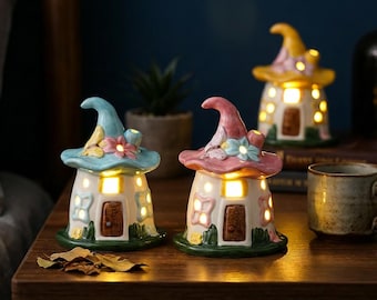 Mushroom Gnome Cottage Ceramic Night Light, Gnome Hat House Lamp, Cottagecore Decor, Butterfly Flower Shelf Decor, Whimsical Bedroom Light
