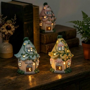 Ceramic Fairy Cottage Desk Light, Flower Cottagecore Decor, Fairycore Bedroom Light, Mini Whimsical Shelf Decor, Cute Desk Accessory Gifts