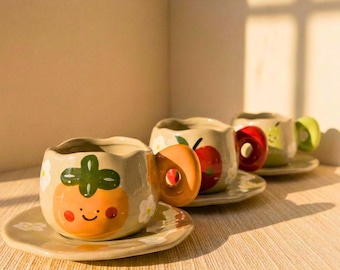 Fruit Ceramic Mug and Saucer Set, Handcrafted Kawaii Coffee Cup, Hand Painted Fruit Tea Cup, Unique Smiley Mug, Gift for Her, 330 ml