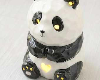 Ceramic Panda Heart Night Light, Hand Painted Desk Light, Panda Lover Gift, Cute Desk Decor, Kids Room Nightlight, Kawaii Panda