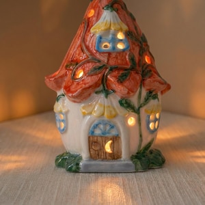 Ceramic Fairy Cottage Desk Light, Flower Cottagecore Decor, Fairycore Bedroom Light, Mini Whimsical Shelf Decor, Cute Desk Accessory Gifts image 4