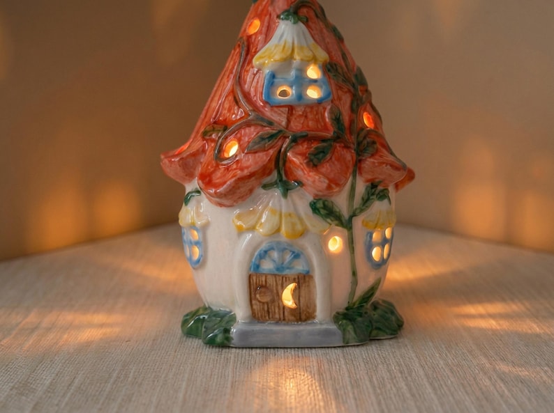 Ceramic Fairy Cottage Desk Light, Flower Cottagecore Decor, Fairycore Bedroom Light, Mini Whimsical Shelf Decor, Cute Desk Accessory Gifts image 4