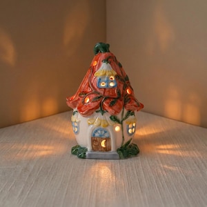 Ceramic Fairy Cottage Desk Light, Flower Cottagecore Decor, Fairycore Bedroom Light, Mini Whimsical Shelf Decor, Cute Desk Accessory Gifts Red