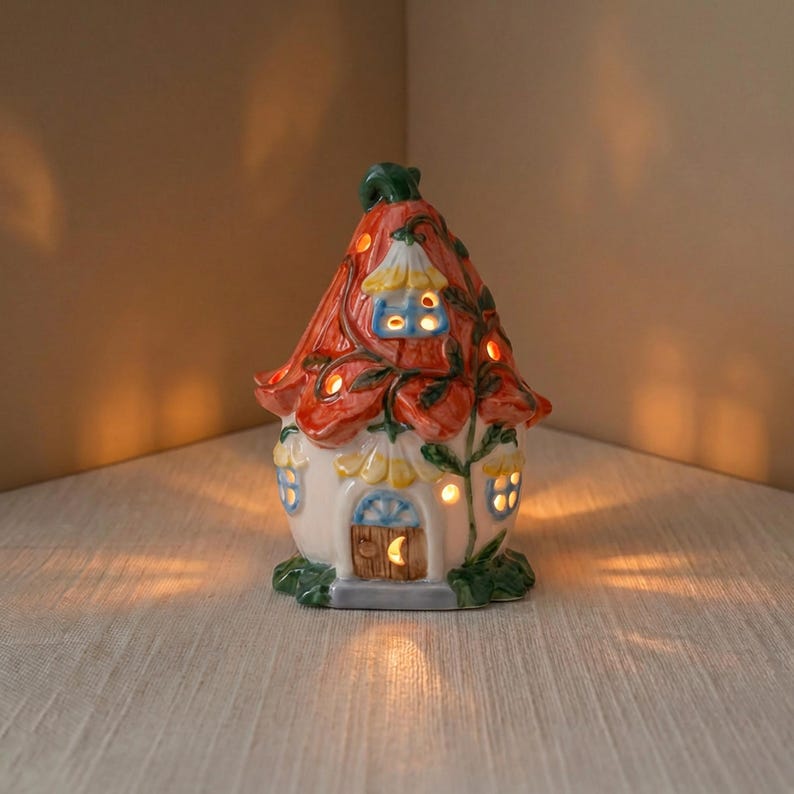 Ceramic Fairy Cottage Desk Light, Flower Cottagecore Decor, Fairycore Bedroom Light, Mini Whimsical Shelf Decor, Cute Desk Accessory Gifts Red