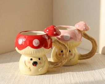 Mushroom Face Ceramic Mug, Cute Cottagecore Coffee Cup, Whimsical Mushroom Mug, Funny Funghi Mug, Mushroom Lover Gift