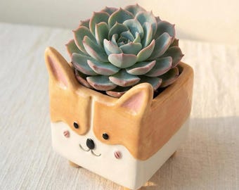 Corgi Ceramic Planter, Cute Dog Succulent Pot, Kawaii Animal Desk Decor, Corgi Lover Gift