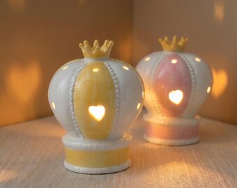 Luminária Noturna de Cerâmica em Formato de Balão de Ar Quente, com Recorte em Formato de Coração, Ideal para Decoração de Quarto de Princesa e Mesa de Cabeceira.