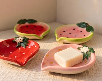 Fruit Ceramic Trinket Dish, Handcrafted Strawberry Soap Dish, Cute Watermelon Jewelry Tray, Fruit Kitchen Decor, Gift for Fruit Lover