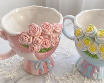Rose Bouquet Ceramic Mug, 3D Floral Coffee Cup, Cute Flower Mug, Coquette Aesthetic, Gift for Her