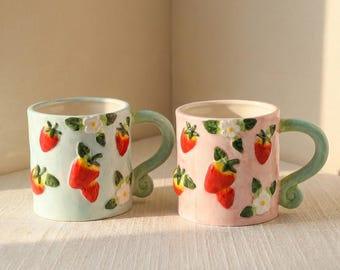 Strawberry Daisy Ceramic Mug, Cute Painted Fruit Coffee Cup, Cottagecore Mug, Cute Ceramic Cup, Strawberry Lover Gift