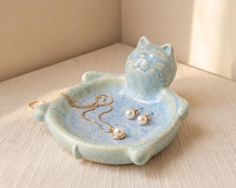 Chubby Cat Ceramic Jewelry Dish, Cat Ring Tray, Vanity Decor, Cat Lover Gift, Stoneware Trinket Dish, Kitty Bedroom Decor, Housewarming Gift