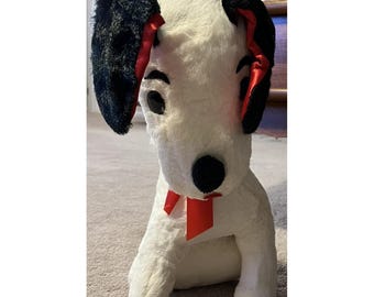 Snoopy Style Vtg 1960s Stuffed Stiff White/Black Long Snout Dog Red Neck Ribbon